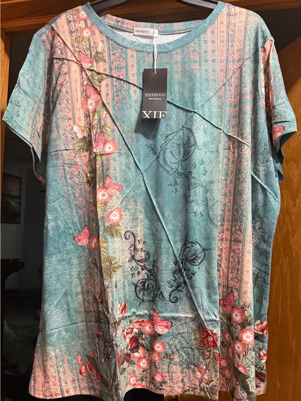 Womens Teal Floral Short-Sleeve Shirt